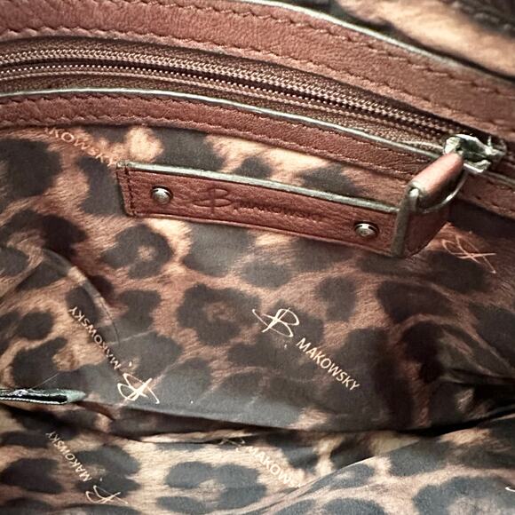 B Makowsky Cognac Tan Slim Small Crossbody Bag Silver Metal Banner Name Hardware - Picture 9 of 11